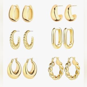 6 Pairs 14K Gold Hoop Earrings Multipack Hypoallergenic New